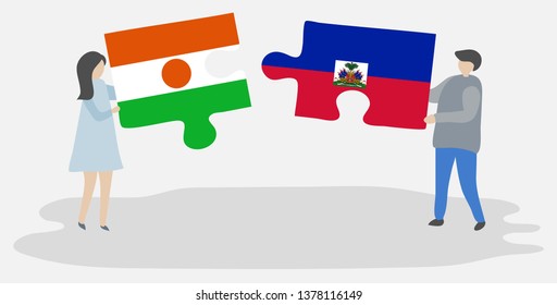 Couple holding two puzzles pieces with Nigerien and Haitian flags. Niger and Haiti national symbols together.