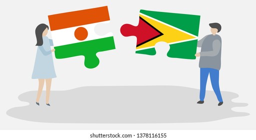 Couple holding two puzzles pieces with Nigerien and Guyanese flags. Niger and Guyana national symbols together.