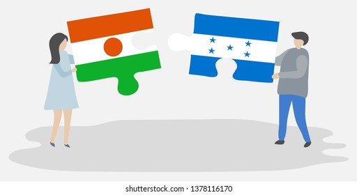 Couple holding two puzzles pieces with Nigerien and Honduran flags. Niger and Honduras national symbols together.