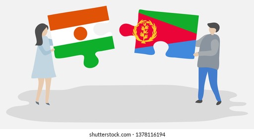 Couple holding two puzzles pieces with Nigerien and Eritrean flags. Niger and Eritrea national symbols together.