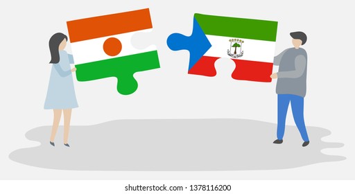 Couple holding two puzzles pieces with Nigerien and Equatorial Guinean flags. Niger and Equatorial Guinea national symbols together.