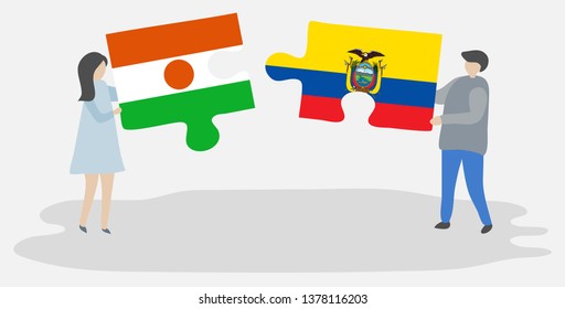 Couple holding two puzzles pieces with Nigerien and Ecuadorian flags. Niger and Ecuador national symbols together.