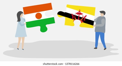 Couple holding two puzzles pieces with Nigerien and Bruneian flags. Niger and Brunei national symbols together.