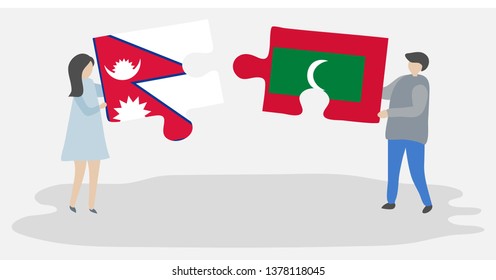 Couple holding two puzzles pieces with Nepalese and Maldivian flags. Nepal and Maldives national symbols together.