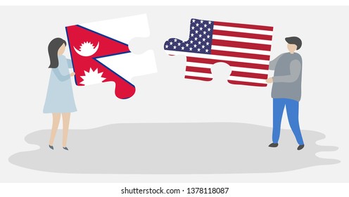 Couple holding two puzzles pieces with Nepalese and American flags. Nepal and United States of America national symbols together.