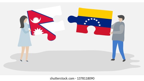 Couple holding two puzzles pieces with Nepalese and Venezuelan flags. Nepal and Venezuela national symbols together.