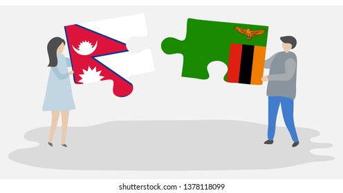 Couple holding two puzzles pieces with Nepalese and Zambian flags. Nepal and Zambia national symbols together.