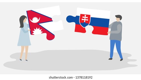 Couple holding two puzzles pieces with Nepalese and Slovak flags. Nepal and Slovakia national symbols together.