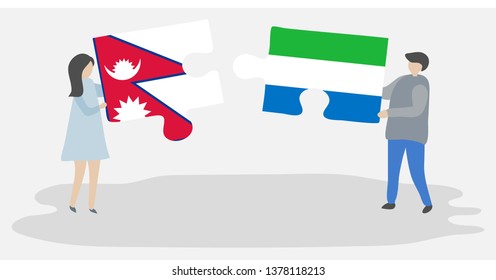 Couple holding two puzzles pieces with Nepalese and Sierra Leonean flags. Nepal and Sierra Leone national symbols together.