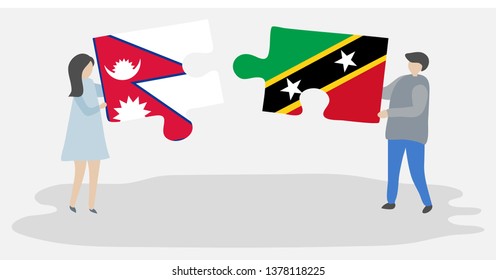 Couple holding two puzzles pieces with Nepalese and Kittitian flags. Nepal and Saint Kitts and Nevis national symbols together.