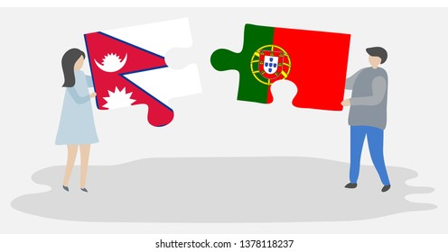 Couple holding two puzzles pieces with Nepalese and Portuguese flags. Nepal and Portugal national symbols together.