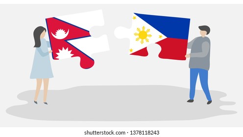 Couple holding two puzzles pieces with Nepalese and Filipino flags. Nepal and Philippines national symbols together.