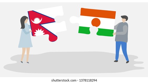 Couple holding two puzzles pieces with Nepalese and Nigerien flags. Nepal and Niger national symbols together.