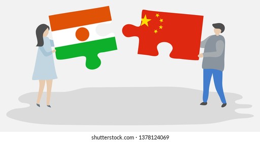Couple holding two puzzles pieces with Nigerien and Chinese flags. Niger and China national symbols together.