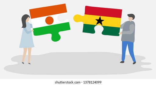 Couple holding two puzzles pieces with Nigerien and Ghanaian flags. Niger and Ghana national symbols together.
