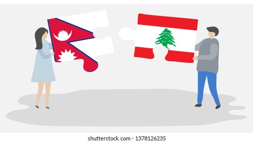 Couple holding two puzzles pieces with Nepalese and Lebanese flags. Nepal and Lebanon national symbols together.