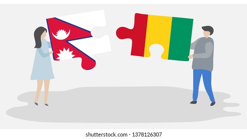 Couple holding two puzzles pieces with Nepalese and Guinean flags. Nepal and Guinea national symbols together.
