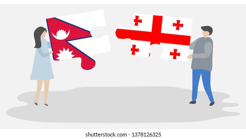 Couple holding two puzzles pieces with Nepalese and Georgian flags. Nepal and Georgia national symbols together.