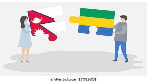 Couple holding two puzzles pieces with Nepalese and Gabonese flags. Nepal and Gabon national symbols together.