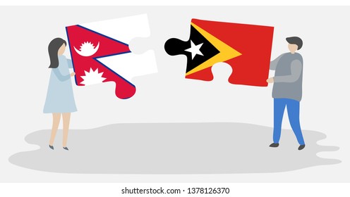 Couple holding two puzzles pieces with Nepalese and Timorese flags. Nepal and East Timor national symbols together.