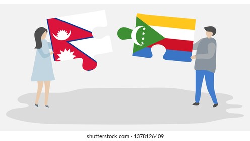 Couple holding two puzzles pieces with Nepalese and Comoran flags. Nepal and Comoros national symbols together.