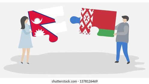 Couple holding two puzzles pieces with Nepalese and Belarusian flags. Nepal and Belarus national symbols together.