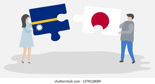 Couple holding two puzzles pieces with Nauruan and Japanese flags. Nauru and Japan national symbols together.