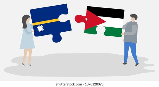 Couple holding two puzzles pieces with Nauruan and Jordanian flags. Nauru and Jordan national symbols together.