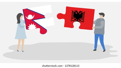 Couple holding two puzzles pieces with Nepalese and Albanian flags. Nepal and Albania national symbols together.