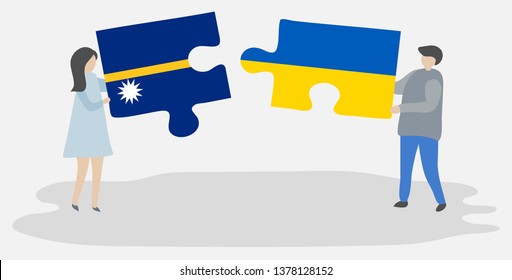 Couple holding two puzzles pieces with Nauruan and Ukrainian flags. Nauru and Ukraine national symbols together.