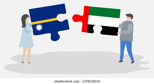 Couple holding two puzzles pieces with Nauruan and Emirian flags. Nauru and United Arab Emirates national symbols together.