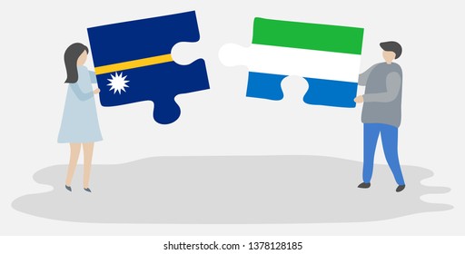 Couple holding two puzzles pieces with Nauruan and Sierra Leonean flags. Nauru and Sierra Leone national symbols together.