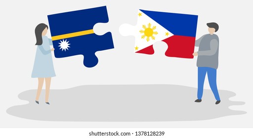 Couple holding two puzzles pieces with Nauruan and Filipino flags. Nauru and Philippines national symbols together.