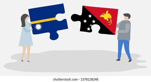 Couple holding two puzzles pieces with Nauruan and Papuan flags. Nauru and Papua New Guinea national symbols together.