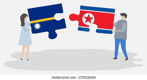 Couple holding two puzzles pieces with Nauruan and North Korean flags. Nauru and North Korea national symbols together.