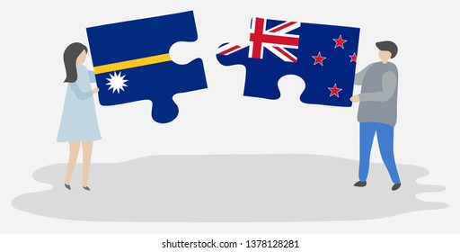 Couple holding two puzzles pieces with Nauruan and NZ flags. Nauru and New Zealand national symbols together.