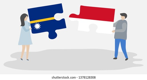 Couple holding two puzzles pieces with Nauruan and Monegasque flags. Nauru and Monaco national symbols together.