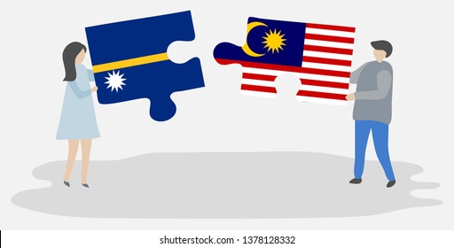 Couple holding two puzzles pieces with Nauruan and Malaysian flags. Nauru and Malaysia national symbols together.