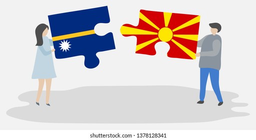 Couple holding two puzzles pieces with Nauruan and Macedonian flags. Nauru and Macedonia national symbols together.