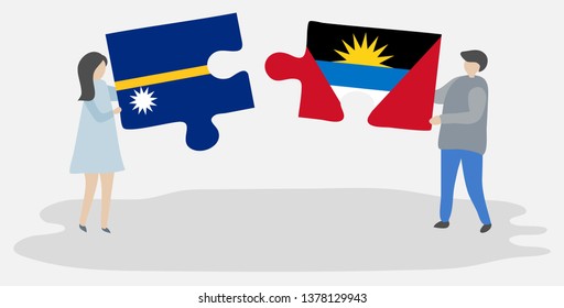 Couple holding two puzzles pieces with Nauruan and Antiguan flags. Nauru and Antigua and Barbuda national symbols together.