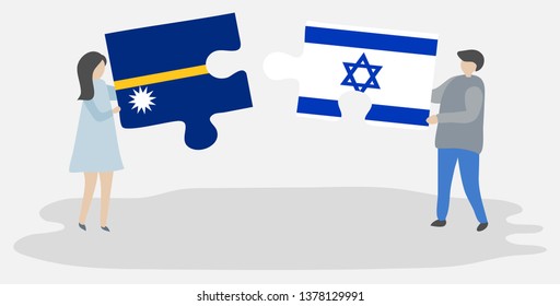 Couple holding two puzzles pieces with Nauruan and Israeli flags. Nauru and Israel national symbols together.