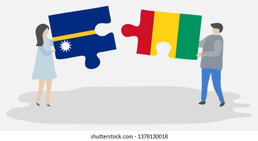 Couple holding two puzzles pieces with Nauruan and Guinean flags. Nauru and Guinea national symbols together.