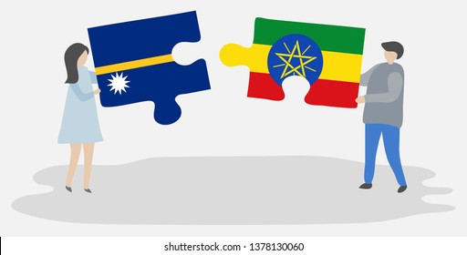 Couple holding two puzzles pieces with Nauruan and Ethiopian flags. Nauru and Ethiopia national symbols together.