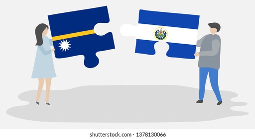 Couple holding two puzzles pieces with Nauruan and Salvadoran flags. Nauru and El Salvador national symbols together.