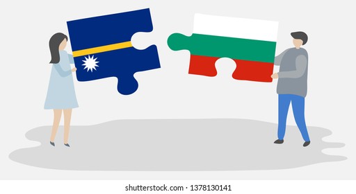Couple holding two puzzles pieces with Nauruan and Bulgarian flags. Nauru and Bulgaria national symbols together.