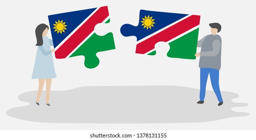 Couple holding two puzzles pieces with Namibian and Namibian flags. Namibia and Namibia national symbols together.