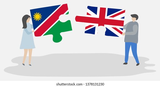 Couple holding two puzzles pieces with Namibian and British flags. Namibia and United Kingdom national symbols together.