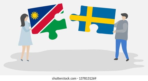 Couple holding two puzzles pieces with Namibian and Swedish flags. Namibia and Sweden national symbols together.