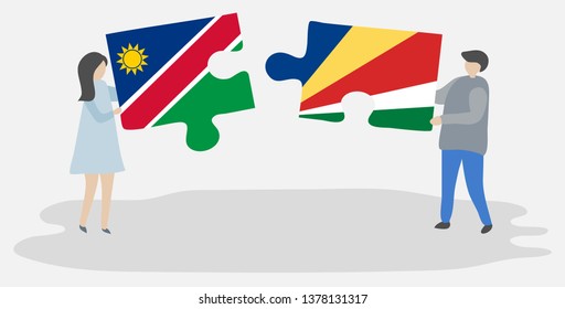 Couple holding two puzzles pieces with Namibian and Seychellois flags. Namibia and Seychelles national symbols together.