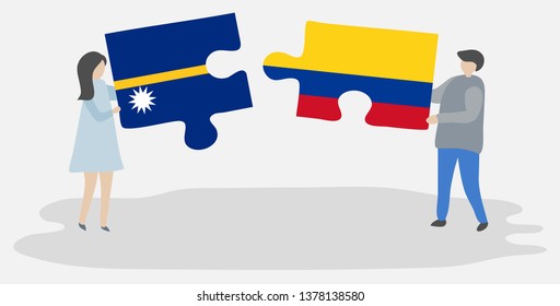 Couple holding two puzzles pieces with Nauruan and Colombian flags. Nauru and Colombia national symbols together.